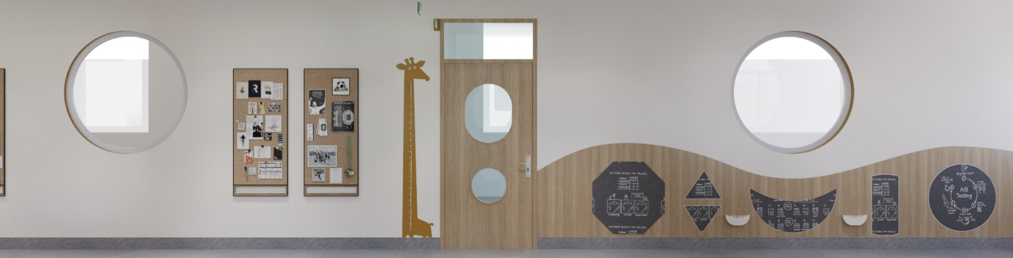 Render of a junior section corridor wall with porthole windows