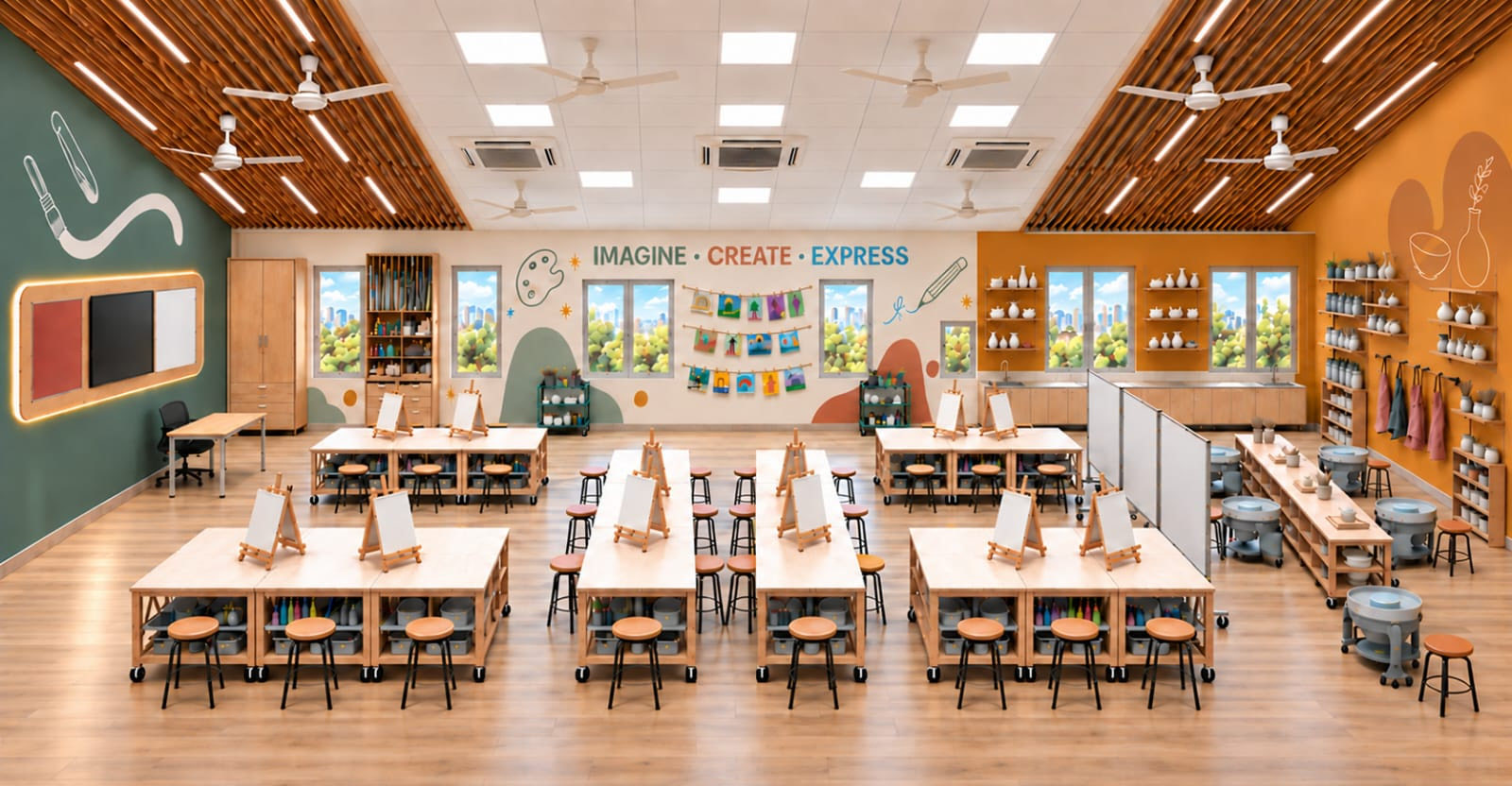 Render of the art atelier with easels and work tables