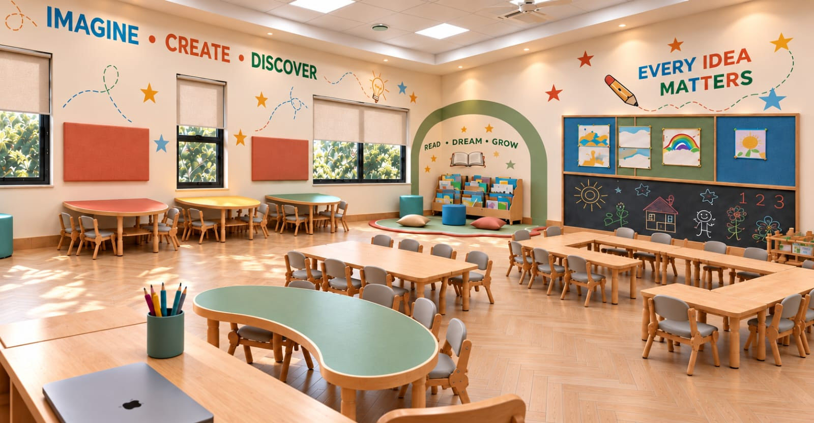 Render of the early years classroom and its reading corner